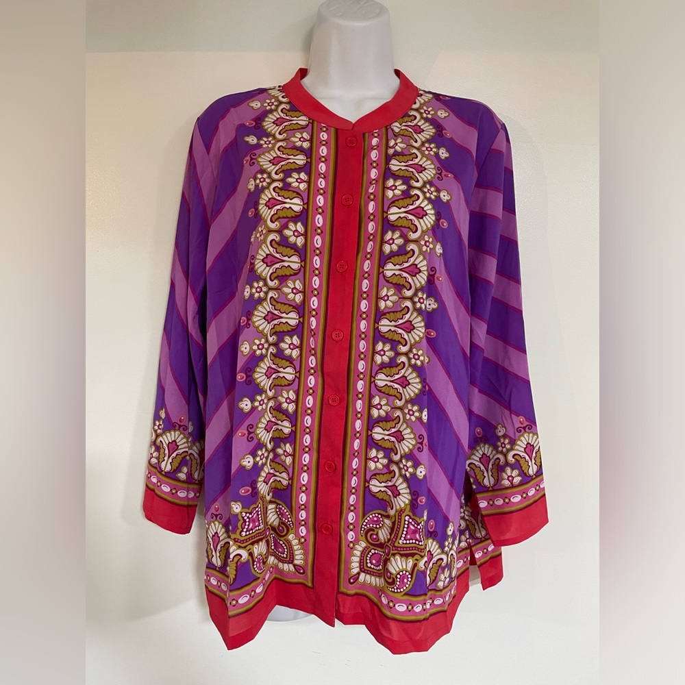 Bob Mackie Colorful Artsy Long Sleeve Button Down Blouse size L Spring Work b7